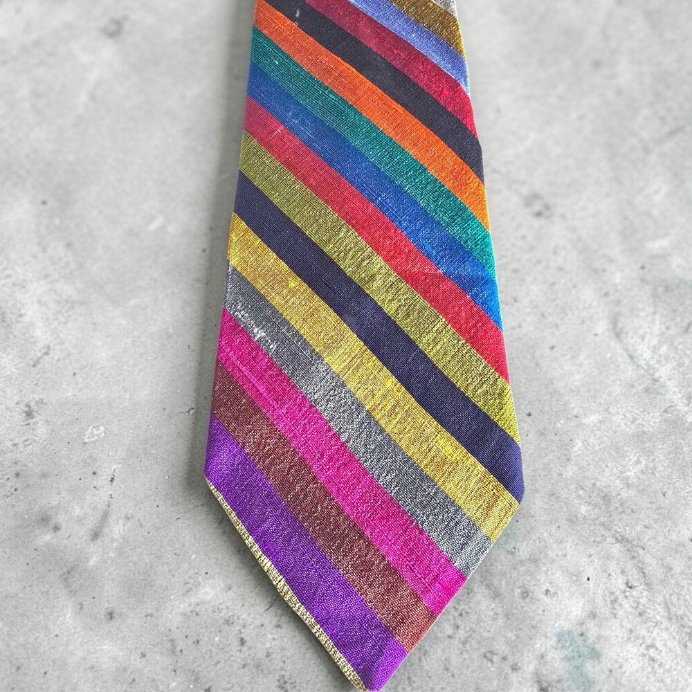 Vintage Mansure & Prettyman Slub Silk Tie Multicolor Rainbow Stripe Tie 56.5"